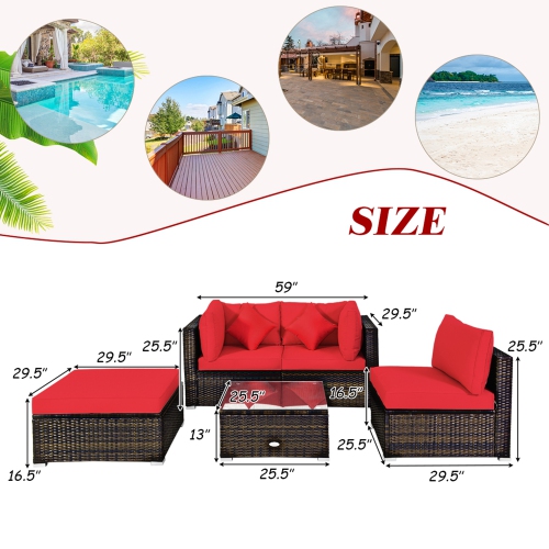 Gymax 5PCS Rattan Sectional Sofa Set Patio Furniture Set w/ Red Cushion Pillow