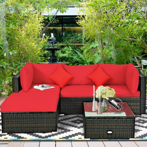 Gymax 5PCS Rattan Sectional Sofa Set Patio Furniture Set w/ Red Cushion Pillow