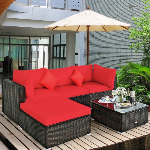 Gymax 5PCS Rattan Sectional Sofa Set Patio Furniture Set w/ Red Cushion Pillow