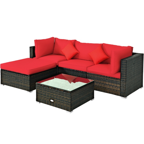 Gymax 5PCS Rattan Sectional Sofa Set Patio Furniture Set w/ Red Cushion Pillow