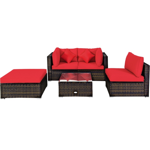 Gymax 5PCS Rattan Sectional Sofa Set Patio Furniture Set w/ Red Cushion Pillow