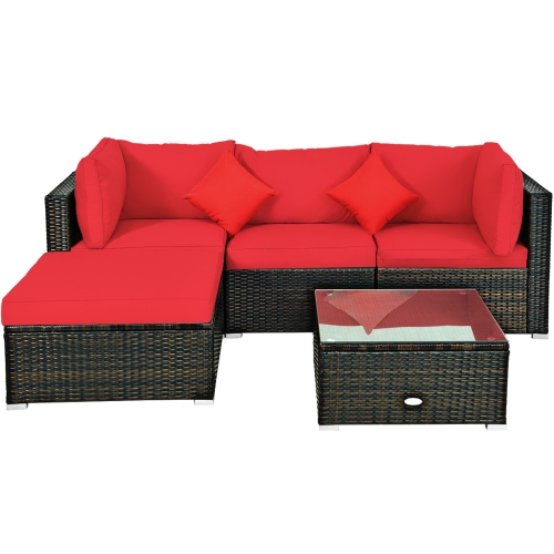 Gymax 5PCS Rattan Sectional Sofa Set Patio Furniture Set w/ Red Cushion Pillow
