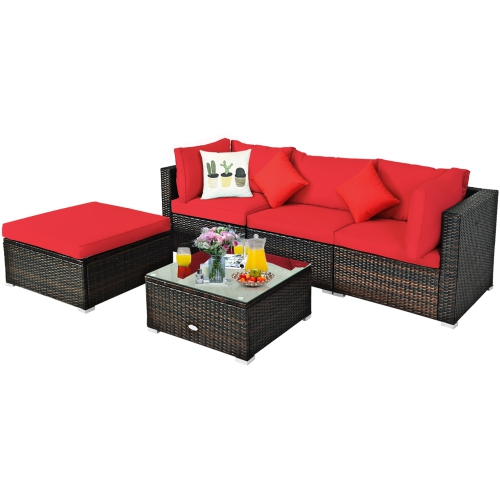 Gymax 5PCS Rattan Sectional Sofa Set Patio Furniture Set w/ Red Cushion Pillow