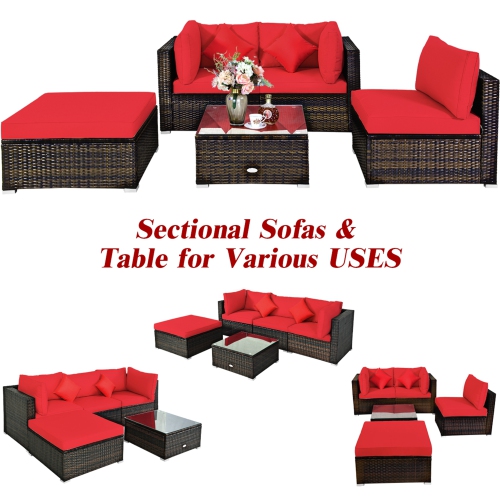Gymax 5PCS Rattan Sectional Sofa Set Patio Furniture Set w/ Red Cushion Pillow