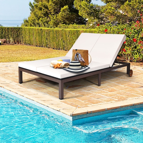 Image 1 of 10.. Gymax Adjustable Patio Rattan 2 Person Recliner Lounge Chair w/ Cushion Wheel