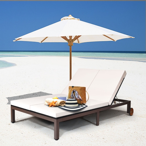 Gymax Adjustable Patio Rattan 2 Person Recliner Lounge Chair w/ Cushion Wheel