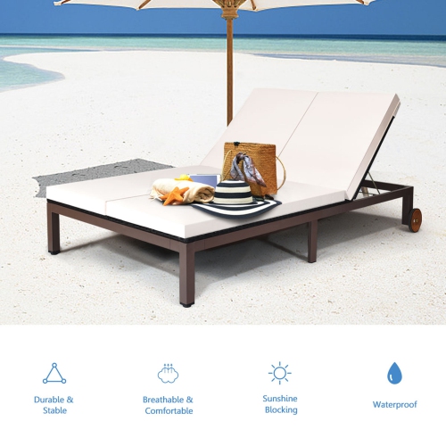 Gymax Adjustable Patio Rattan 2 Person Recliner Lounge Chair w/ Cushion Wheel