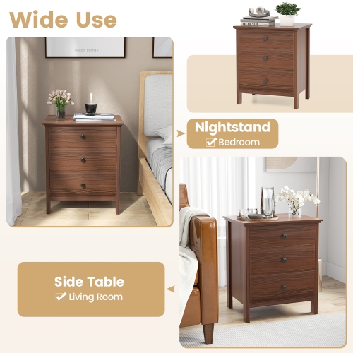 Gymax 3-Drawer End Table Nightstand Beside Accent Table Brown Bedroom