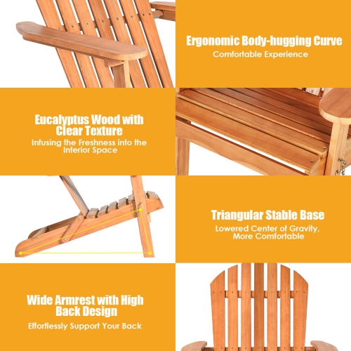 Gymax Eucalyptus Adirondack Chair Foldable Outdoor Wood Lounger Chair Natural