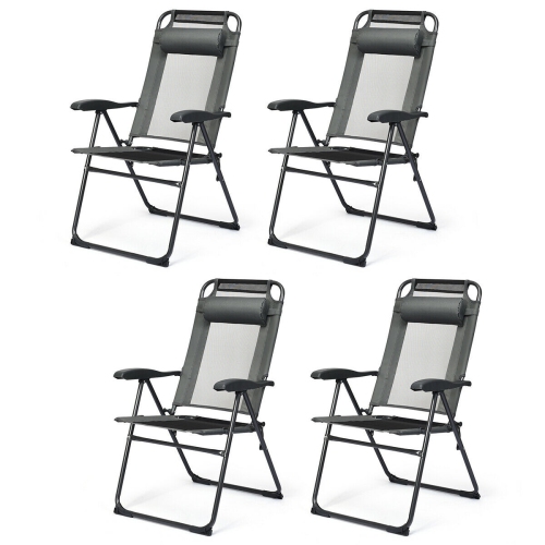 Gymax 4PC Folding Chairs Adjustable Reclining Chairs with Headrest Patio Garden Grey