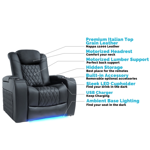 Valencia – Fauteuil Tuscany XL pour cinéma maison, cuir nappa italien de qualité supérieure 11000, appuie-tête et soutien lombaire électriques, grand