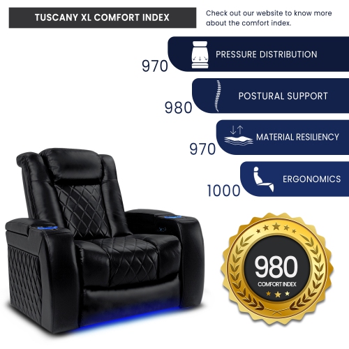 Valencia – Fauteuil Tuscany XL pour cinéma maison, cuir nappa italien de qualité supérieure 11000, appuie-tête et soutien lombaire électriques, grand