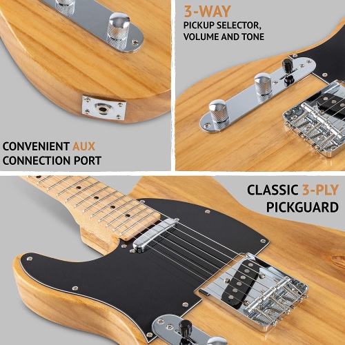 LyxPro 39” Electric Telecaster Left Hand Guitar | Full-Size Paulownia Wood Body, 3-Ply Pickguard, C-Shape Neck, Ashtray Bridge, Quality Gear Tuners,