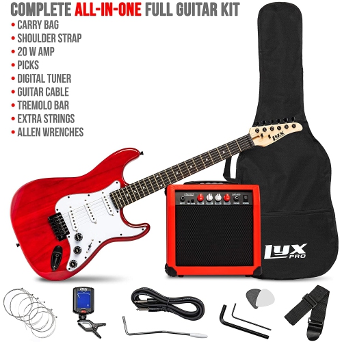 LyxPro Electric Guitar with 20w Amp, Package Includes All Accessories, Digital Tuner, Strings, Picks, Tremolo Bar, Shoulder Strap, and Case Bag