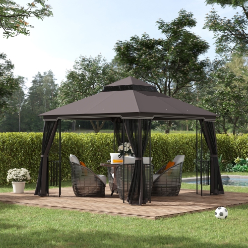 Outsunny 10' x 10' Outdoor Patio Gazebo Canopy with Double Tier Roof, Removable Mesh Curtains, Display Shelves, Top Hooks, Coffee