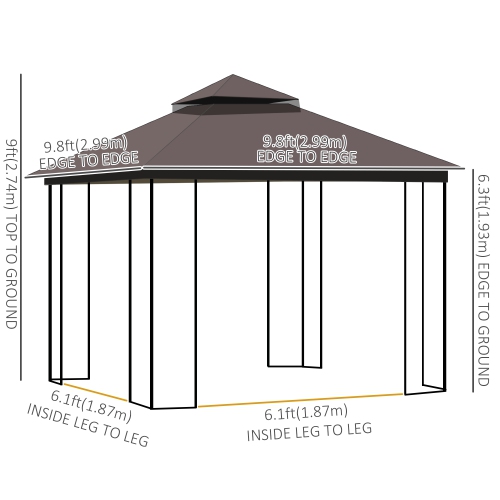 Outsunny 10' x 10' Outdoor Patio Gazebo Canopy with Double Tier Roof, Removable Mesh Curtains, Display Shelves, Top Hooks, Coffee