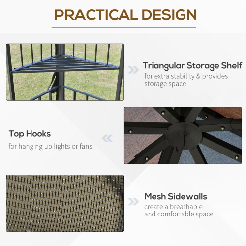 Outsunny 10' x 10' Outdoor Patio Gazebo Canopy with Double Tier Roof, Removable Mesh Curtains, Display Shelves, Top Hooks, Coffee