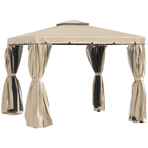 Image 1 de 9.. Tente à toit souple double pour abri de jardin Outsunny, 10 x 10 pi, rideaux en polyester et rideaux en filet, kaki