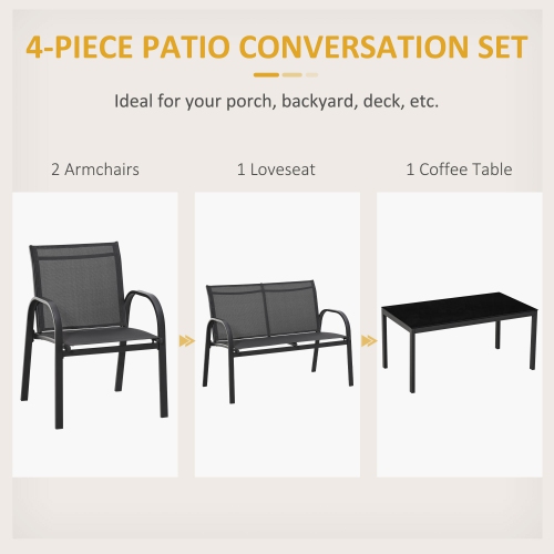 Outsunny 4-Piece Patio Furniture Set Garden Conversation Set with Loveseat, Single Chairs and Coffee Table for Backyard Poolside Balcony