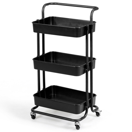 GYMAX  3 Tier Rolling Cart W/wheels Practical Handle&abs Storage Basket Organizer In Black