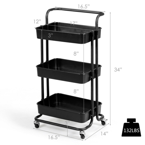 Gymax 3 Tier Rolling Cart W/Wheels Practical Handle&ABS Storage Basket Organizer Black