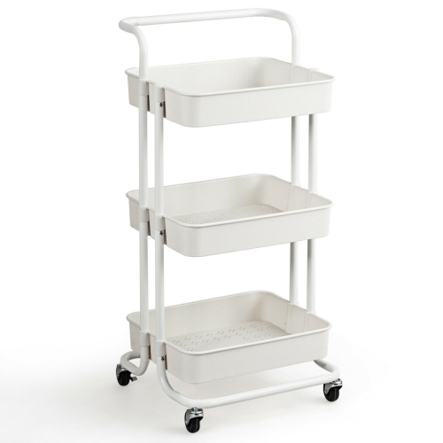 Gymax 3 Tier Rolling Cart W/Wheels Practical Handle&ABS Storage Basket Organizer White