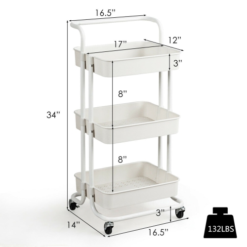 Gymax 3 Tier Rolling Cart W/Wheels Practical Handle&ABS Storage Basket Organizer White
