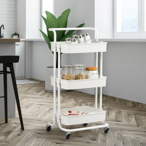 Gymax 3 Tier Rolling Cart W/Wheels Practical Handle&ABS Storage Basket Organizer White