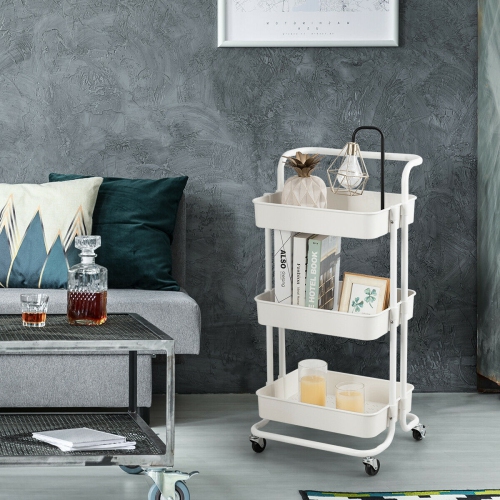 Gymax 3 Tier Rolling Cart W/Wheels Practical Handle&ABS Storage Basket Organizer White