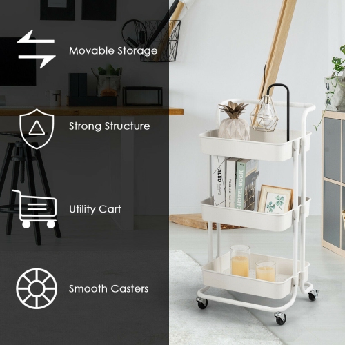 Gymax 3 Tier Rolling Cart W/Wheels Practical Handle&ABS Storage Basket Organizer White