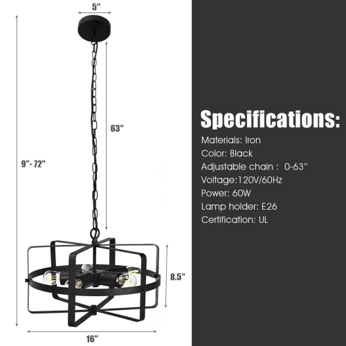 Gymax 5-Light Industrial Pendant Light Metal Drum Shape Round Chandelier Ceiling Lamp