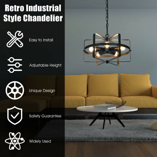 Gymax 5-Light Industrial Pendant Light Metal Drum Shape Round Chandelier Ceiling Lamp