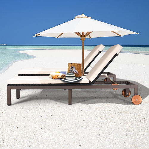 Gymax 2PCS Patio Adjustable Rattan Recliner Chaise Lounge Chair w/ Cushion Wheels