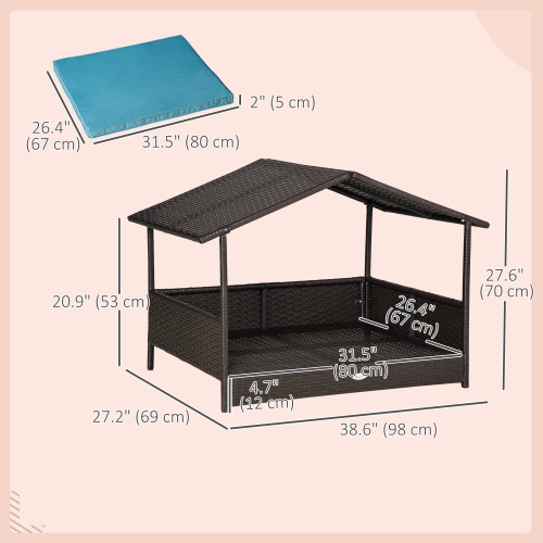 PawHut Rattan Dog House Outdoor with Canopy, Wicker Dog Bed with Water-Resistant Cushion, for Small and Medium Breeds Blue