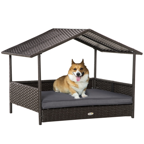 PawHut Rattan Dog House Outdoor with Canopy, Wicker Dog Bed with Water-Resistant Cushion, for Small and Medium Breeds Grey