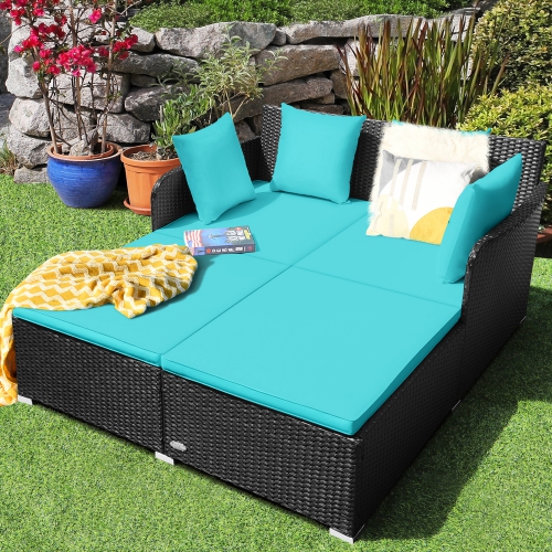 Gymax Rattan Patio Daybed Loveseat Sofa Yard Outdoor w/ Turquoise Cushions Pillows