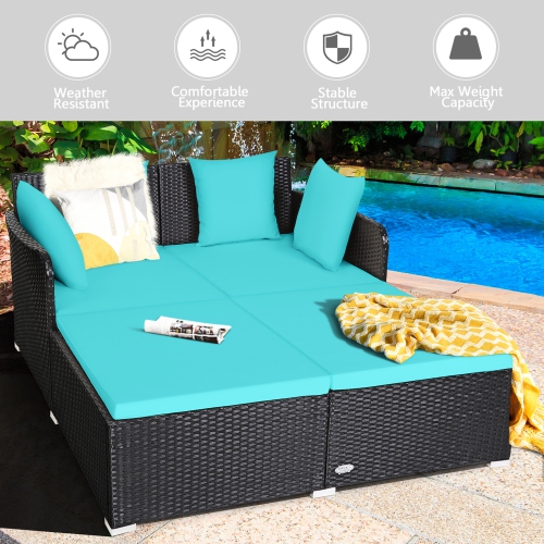 Gymax Rattan Patio Daybed Loveseat Sofa Yard Outdoor w/ Turquoise Cushions Pillows