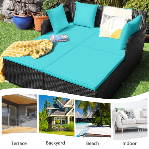 Gymax Rattan Patio Daybed Loveseat Sofa Yard Outdoor w/ Turquoise Cushions Pillows