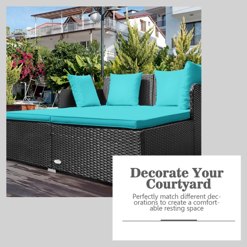 Gymax Rattan Patio Daybed Loveseat Sofa Yard Outdoor w/ Turquoise Cushions Pillows