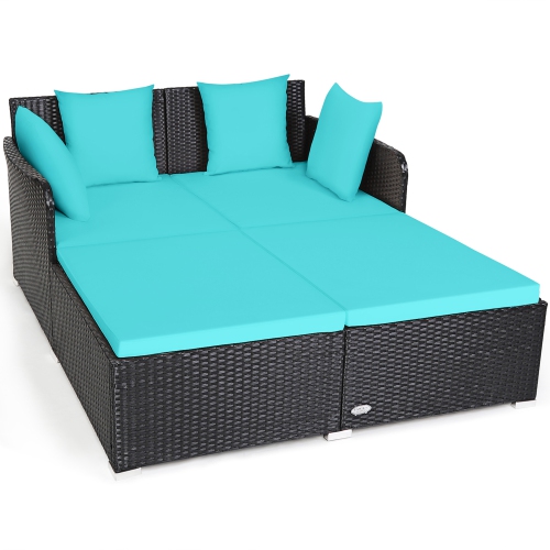 Gymax Rattan Patio Daybed Loveseat Sofa Yard Outdoor w/ Turquoise Cushions Pillows