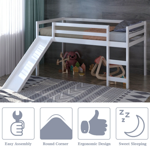 Gymax Twin Size Loft Bed with Slide Wood Low Sturdy Loft Bed for Kids Bedroom White