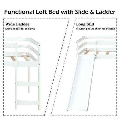 Gymax Twin Size Loft Bed with Slide Wood Low Sturdy Loft Bed for Kids Bedroom White