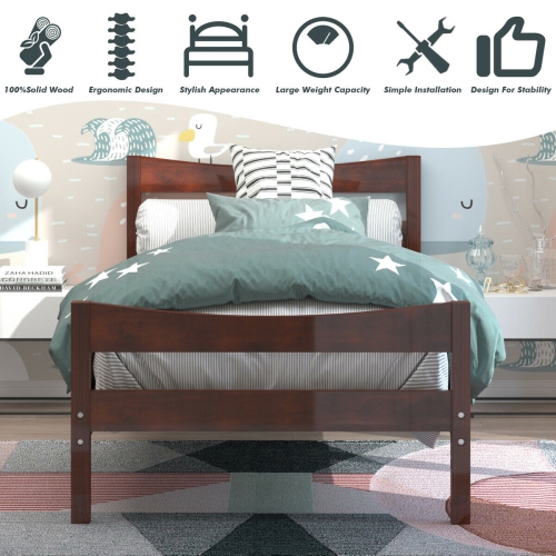 Gymax Twin Size Platform Bed Frame Foundation w/Headboard &Wood Slat Support Walnut