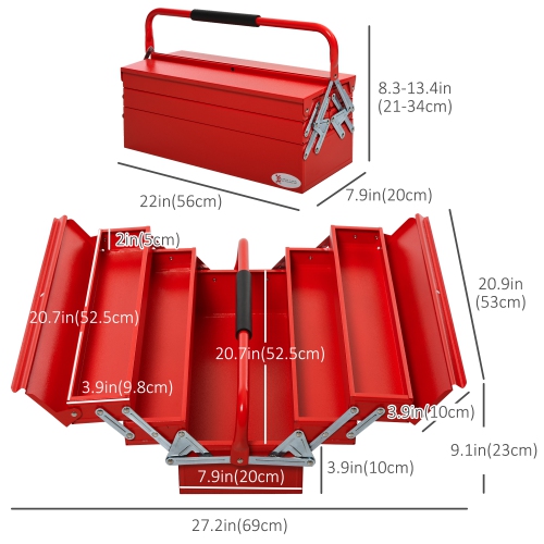 DURHAND 22 inches Metal Tool Box Portable 5-Tray Cantilever Steel Tool  Chest Cabinet, Red
