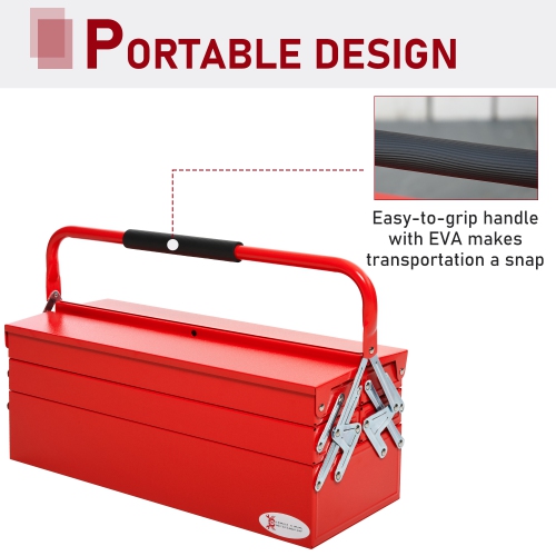DURHAND 22" Metal Tool Box, Portable 5-Tray Cantilever Steel Tool Chest Cabinet for Garage and Warehouse, Red