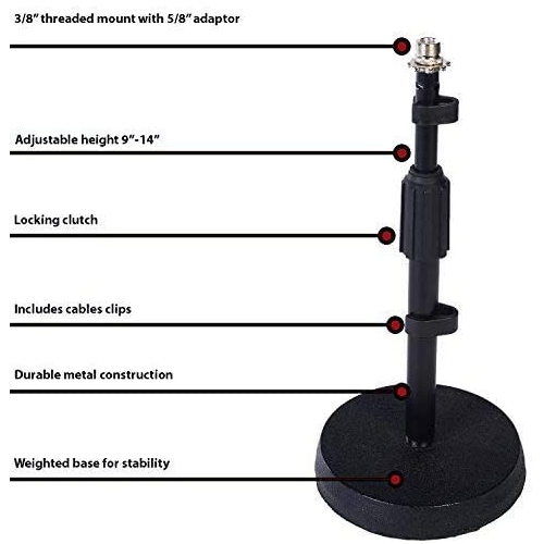 LyxPro DKS-1 Desktop Microphone Stand, Adjustable Height, Weighted Base, 3/8" - 5/8" adaptor