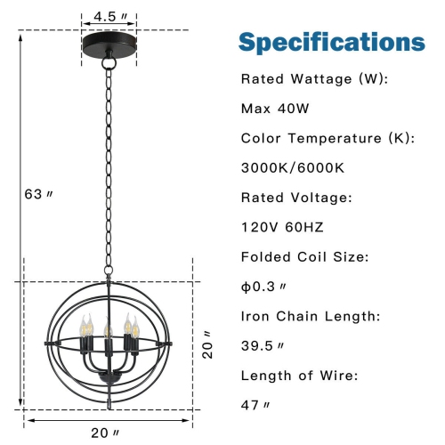 Gymax 20'' 5-Light Metal Pendant Chandelier w/ Iron Chain Pivoting Interlocking Rings