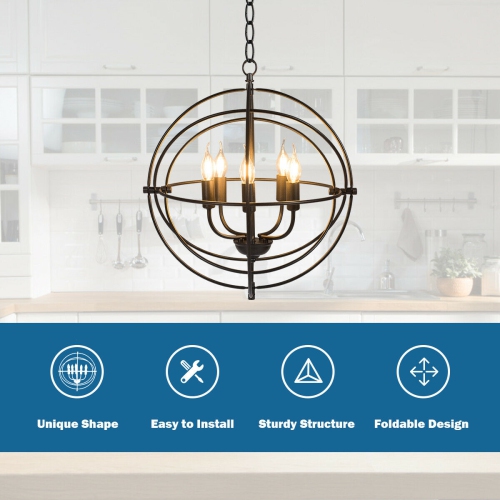 Gymax 20'' 5-Light Metal Pendant Chandelier w/ Iron Chain Pivoting Interlocking Rings