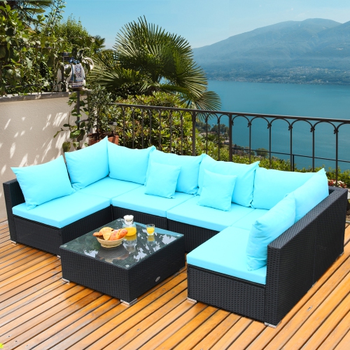 GYMAX  7PCs Rattan Patio Conversation Set Sectional Furniture Set W/ Cushion In Blue