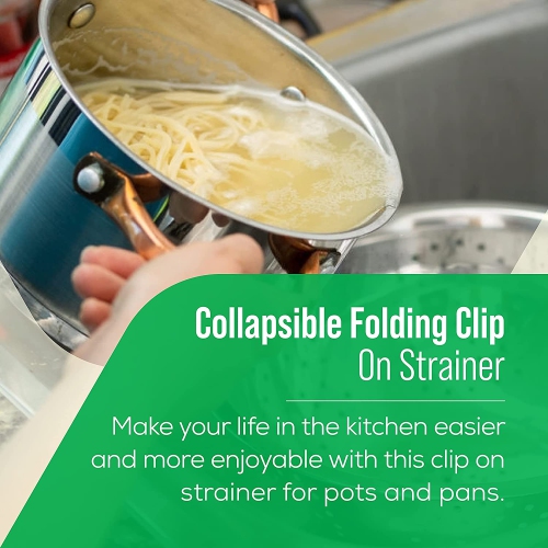 Clip On Pasta Strainer Silicone - Universal Fit for all Pots and Bowls | Snap On Drainer for Pasta, Meat, Vegetables, Fruit | Silicone Colander for